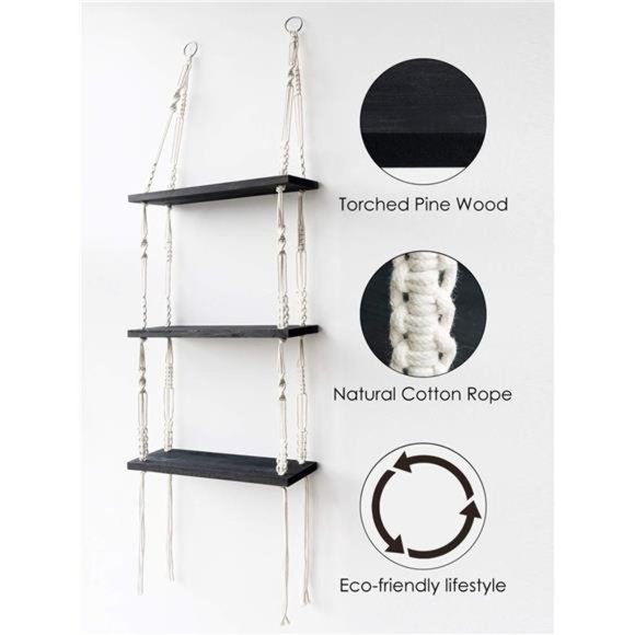 Macrame Shelf Hanging Shelves, Wooden Wall Shelf with Woven Rope, Black Shelves - Picture 6 of 6